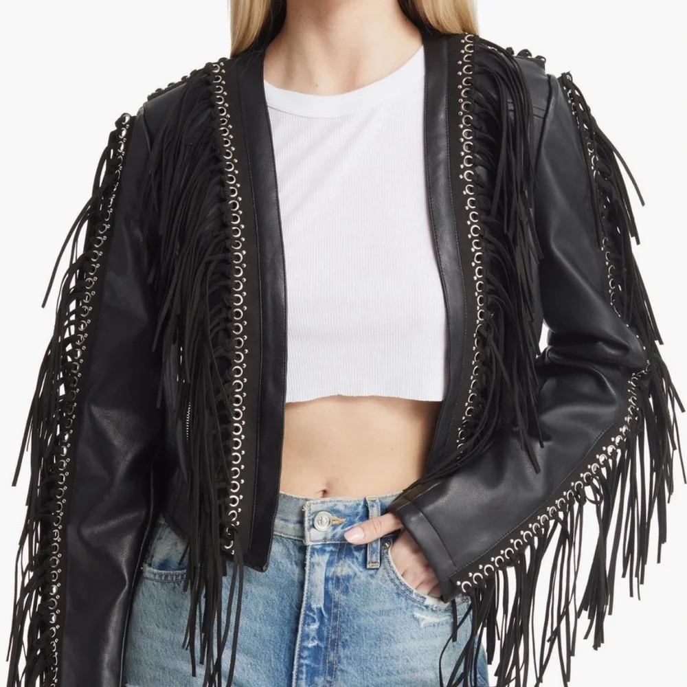 Stylish Black Fringe Leather Jacket - Picture 4 of 8